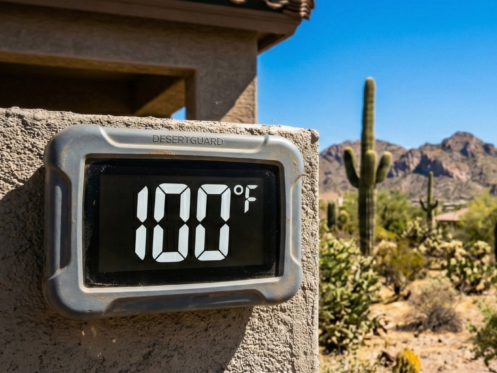 A digital outdoor thermometer displaying 100 degrees Fahrenheit mounted on a stone wall with a North Phoenix desert landscape and mountains in the background.