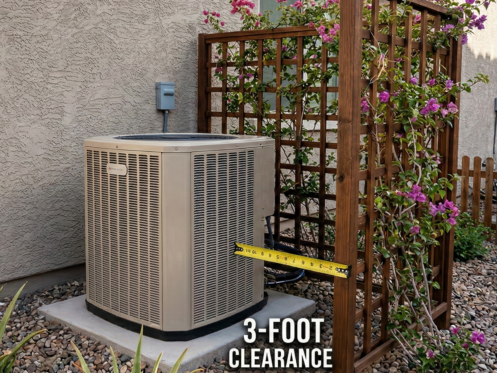 A diagram showing a residential outdoor AC unit with the required 3-foot clearance for bushes and fences to ensure proper airflow.