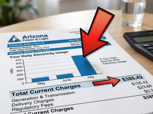 A close-up photograph of a residential Arizona Power & Light electricity bill, with a prominent red arrow pointing to a massive usage spike on the July bar chart, next to a calculator